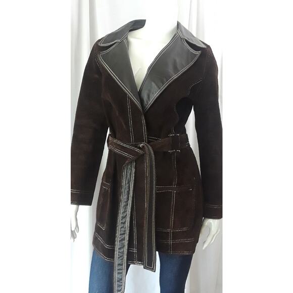 LATIGO WEST Dark Brown Reversible Leather Suede Wrap Coat Sz 14 Country Western - Picture 1 of 12